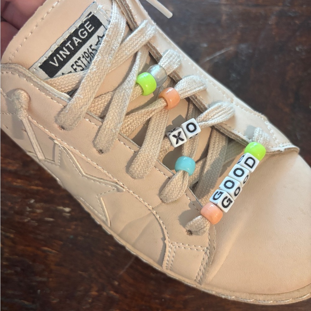 Vintage Kids Sneakers - Cream with Colorful Beads